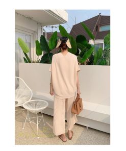 送料無料SALE | セットアップ ニット トップス パンツ ストレッチ 涼感 夏ニット 半袖 九分丈 ウエストゴム レディース 2点セット 30代40代 無地 ゆったり Vネック 上品
