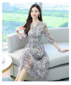 ミディアム | ワンピース 膝丈 花柄 きれいめ 5分袖 カジュアル Aラインスカート 上品 着痩せ ミディアムワンピース お出かけ シフォン 日常感 通気性 大人 エレガント