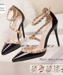 サンダル | レディース エレガント ハイヒール リベット ポインテッドトゥ ピンヒール アンクルストラップ シューズ 痛くない パンプス