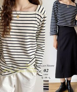ｔシャツ・カットソー | 長袖 Tシャツ カットソー レディース シャツ 袖 ストライプ 韓国ファッション トップス 通勤通学 カジュアル 着回し 上品 夏物 ゆったり お出かけ 20代30代40代