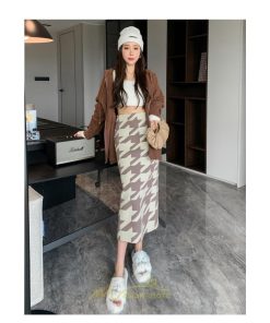 スカート | ロング 春秋冬 レディース ミモレ丈 ウエストゴム ハイウエスト Aライン 無地 きれいめ 大人 千鳥格柄 高見え 人気 SNS映え かっこいい 個性的