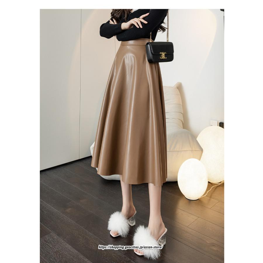 スカート | レディース 合皮 ロングミモレ丈韓国ファッション 脚長 かわいい おしゃれ 秋冬 おしゃれ レザーセクシー キレイめ