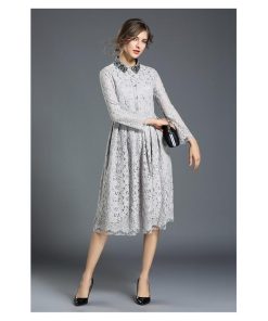 在庫ある | 短納期レースドレス フレアワンピース 膝丈ワンピ ハイウエスト シルエット 二次会 披露宴 ダンス 舞台衣装 エレガント 上品 着痩せ 結婚式 パーティー OL