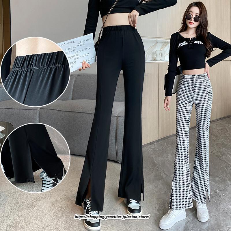チノ・テーパード・ジョガー・スキニーパン | パンツ レディース フレアパンツ ロングパンツ 千鳥格柄 ブラック スリット カジュアル ハイウエスト お出かけ かわいい スキニーパンツ トレンド おしゃれ