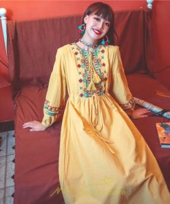 マキシ | ワンピース 長袖 ハイウエスト 綿麻 コットン リネン ロング ロング丈 Aライン ワンピ レディース 着痩せ 体型カバー 丸首 白 黄色 赤 通勤 Vネック 刺繍