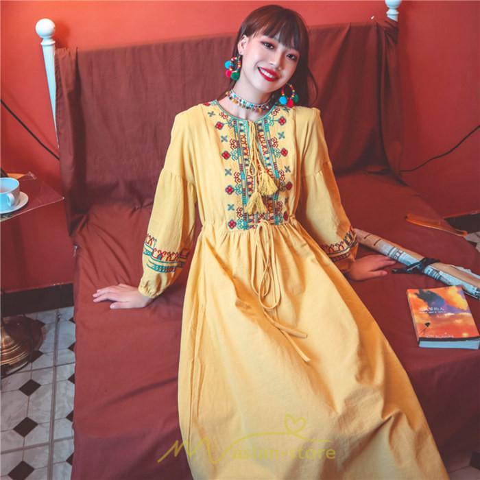 マキシ | ワンピース 長袖 ハイウエスト 綿麻 コットン リネン ロング ロング丈 Aライン ワンピ レディース 着痩せ 体型カバー 丸首 白 黄色 赤 通勤 Vネック 刺繍