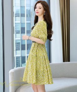 ミディアム | Aラインワンピース 膝丈 花柄 ワンピース ミディアムワンピース 5分袖 韓国風 エレガント カジュアルワンピース サマーワンピース 通勤通学 上品 おしゃれ 上品