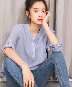 シャツ・ブラウス | 長袖シャツ レディース トップス ブラウス ストライプ 立てカラー 20代30代40代 五分袖に変える 可愛い ポケット