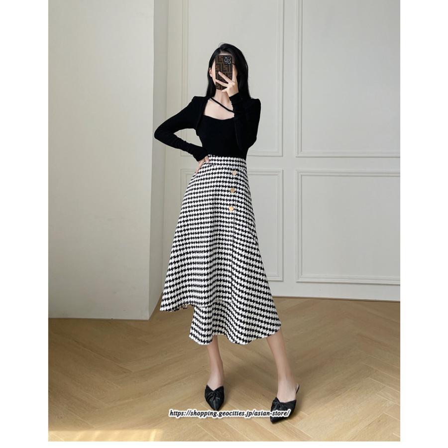 スカート | ロングきれいめ レディース ロング丈 Aライン 20代 30代 40代 50代 秋 冬 千鳥格柄 細見え 可愛い ハイウエスト お出かけ 高見え