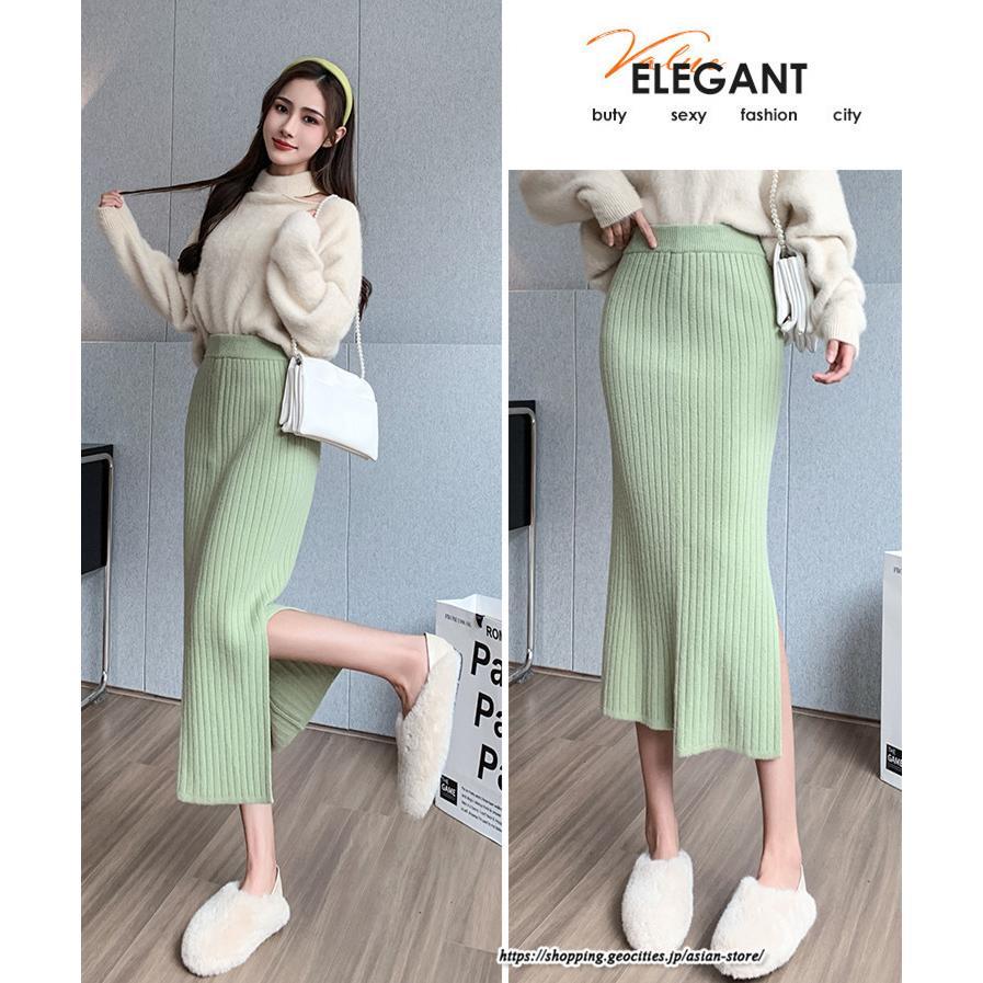 スカート | ニットストレッチレディース 秋冬 ロング丈 ミモレ丈 後ろスリット入れ タイトウエストゴム スリム リブニット 大人