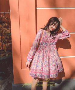 ミニ丈 | ワンピース レディース 春 夏 長袖 膝上 ショート 民族風 花柄 エスニック ボヘミアン 高品質 海外旅行 海デート 着痩せ Vネック レトロ リゾート カジュアル