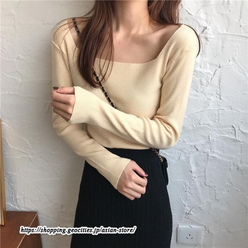ニット・セーター | カットソー ニット レディース リブニット 長袖 秋冬 春 トップス スリム ストレッチ インナー 無地 長袖ニット 着痩せ 長袖カットソー 通学通勤 プルオーバー