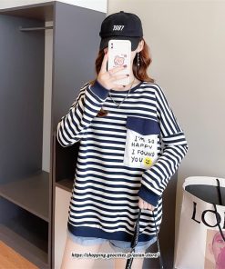 パーカー | トレーナー レディース スウェット 大きいサイズ 韓国 トップス 長袖 おしゃれ ボーダー柄 Tシャツ 大きいサイズ 体型カバー 送料無料 大きいポケット