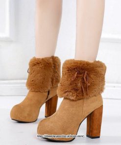 ブーツ | ショートレディース ハイヒール 10cmヒール 厚底 冬用 保温防寒 スエード調 ファー 靴 冬靴 太めヒール シューズ サイドジッパー 痛くない