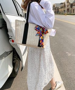 ハンドバッグ | 草編みバッグ リボン スカーフ付き かごバッグ 手提げバッグ レディース ストローバッグ 大容量 トートバッグ ハンドバッグ