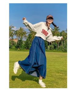 スカート | デニムウエストゴム ロングAライン 無地 ゆったりシルエット 広い裾幅 ハイウエスト Denim 秋冬 秋物 レディース 秋服 デニム