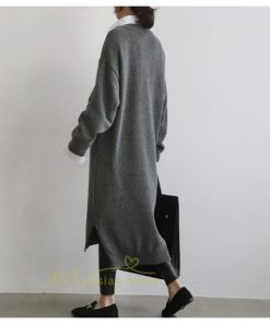 在庫ある | 短納期ロングニットワンピース ロングワンピ カットソー 長袖 トップス Vネック ゆったりセーターニット 体型カバー 通学通勤 OL ストレートニットワンピ