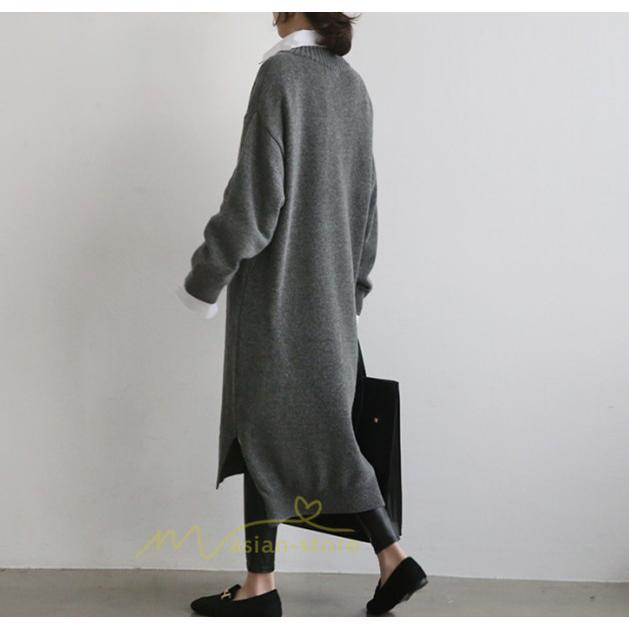 在庫ある | 短納期ロングニットワンピース ロングワンピ カットソー 長袖 トップス Vネック ゆったりセーターニット 体型カバー 通学通勤 OL ストレートニットワンピ