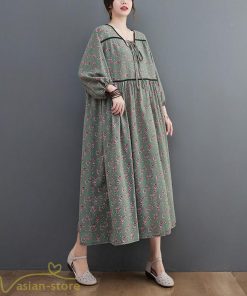 マキシ | ワンピース レディース Vネック 7分袖 秋 ロングワンピース フリーサイズ 花柄 40代 50代 大人 レトロ風 ゆるワンピース カジュアル 秋コーデ 30代 大人 20代