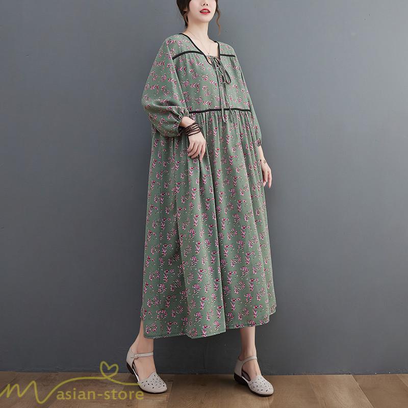 マキシ | ワンピース レディース Vネック 7分袖 秋 ロングワンピース フリーサイズ 花柄 40代 50代 大人 レトロ風 ゆるワンピース カジュアル 秋コーデ 30代 大人 20代
