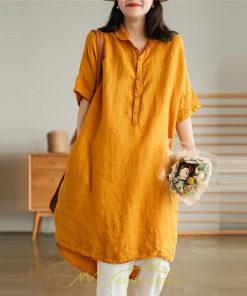 送料無料SALE | ワンピース 夏シャツ レディース 五分袖 シャツワンピース 綿麻 無地 プルオーバー 体型カバー ゆったり 大きめ 夏服 ポケット 30代40代 膝丈 おしゃれ 前後差