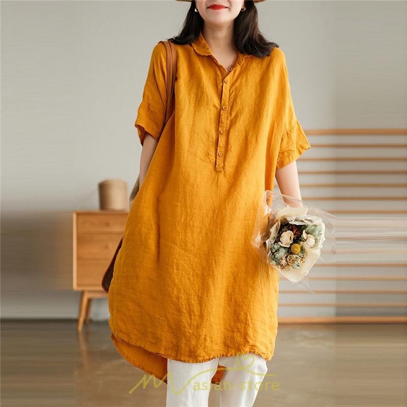 送料無料SALE | ワンピース 夏シャツ レディース 五分袖 シャツワンピース 綿麻 無地 プルオーバー 体型カバー ゆったり 大きめ 夏服 ポケット 30代40代 膝丈 おしゃれ 前後差