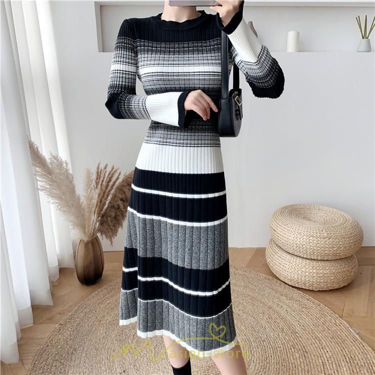 ニットワンピース | ワンピース レディース ニット ワンピース ニット チュニック ロング 長袖 着痩せ 秋冬 送料無料 ボーダー柄 2022新作 韓国風 秋冬コーデ 大人可愛い