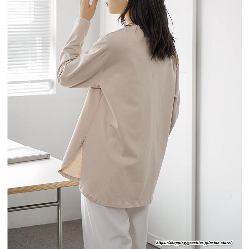 tシャツ・カットソー | Tシャツ Tシャツ コットン長袖オーバーサイズ裾ラウンドTシャツ レディース 綿Tシャツ 長袖Tシャツ クルーネック 秋物 ミドル丈 無地 丸首 長袖