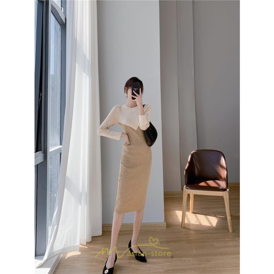 ニットワンピース | ワンピース 秋 秋服 レディース ニット ロングワンピース ロング 長袖 冬 冬服 タイト 切り替え 着痩せ お出かけ 韓国風 20代30代40代50代 通勤 2022新作
