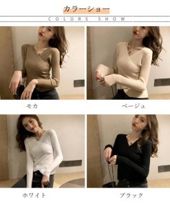 ニット・セーター | リブニット カットソー ニットトップ セーター きれいめ オフィス カシュクール風 レディース ボダン