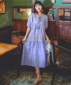 マキシ | ロングワンピース 夏秋 レディース 五分袖 普段着 同窓会 細見せ ハイウエスト コットン レース Aライン 白 紫 刺繍 Vネック キャンプ 旅行 上品 鎖骨 華奢魅せ