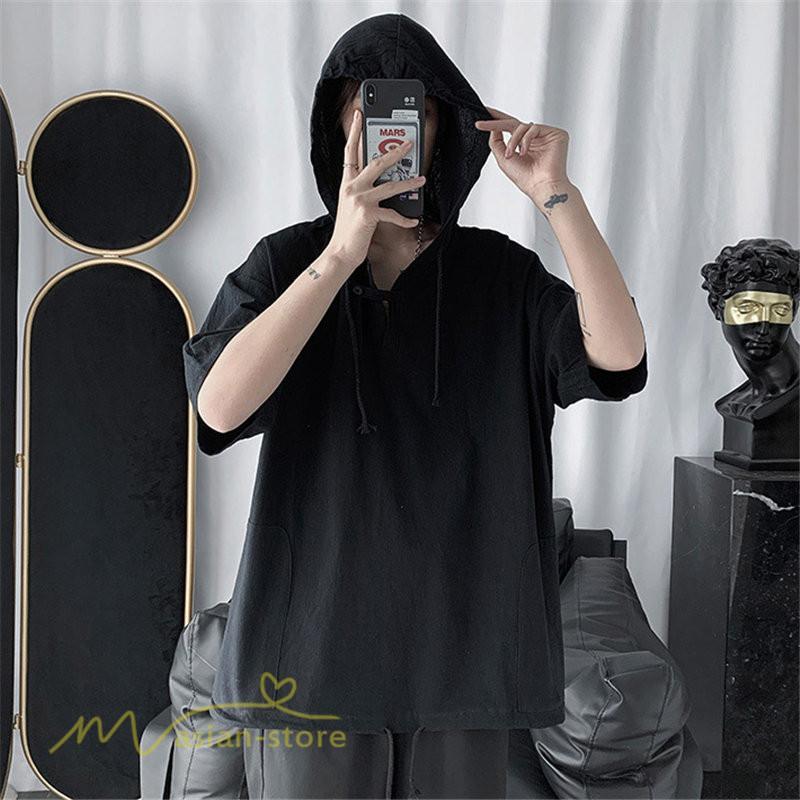 Tシャツ | トップス メンズ カットソー パーカー フード付き カジュアル 無地 7分丈 ゆったり 大きいサイズ 20代 30代 夏新作 ルームウェア 体型カバー シンプル
