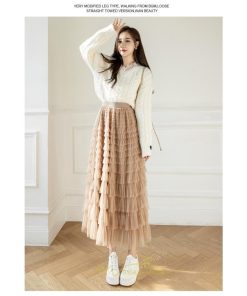 スカート | ロングレディース ティアードチュールプリーツおしゃれ 無地 可愛い カジュアル 韓国風 20代 40代 50代 30代