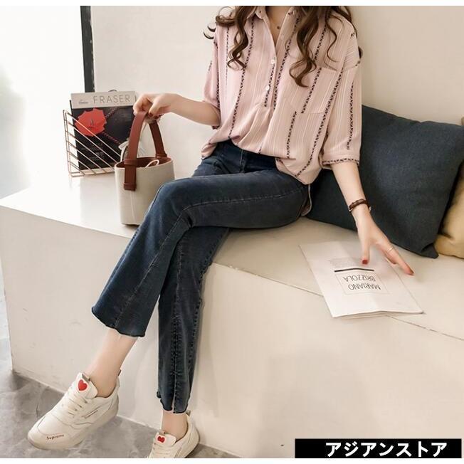 シャツ・ブラウス | 七分袖ブラウス レディースシャツ ストライプ プルオーバー 可愛い スリム ピンク 夏服 女の子 ストリート カジュアル 通勤 ブラウス かわいい 通学