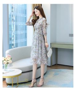 ミディアム | ワンピース 膝丈 花柄 きれいめ 5分袖 カジュアル Aラインスカート 上品 着痩せ ミディアムワンピース お出かけ シフォン 日常感 通気性 大人 エレガント