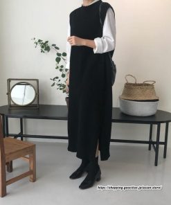 ベスト | ニットベストワンピース ロングレディース ベストワンピース ロングワンピース ニットワンピース ノースリーブ 袖なし サイドスリット入れ 丸首 無地