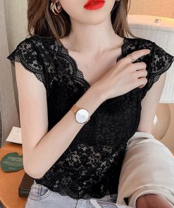 透かし編みトップス | 花柄 総レース トップス Vネック 透け感
