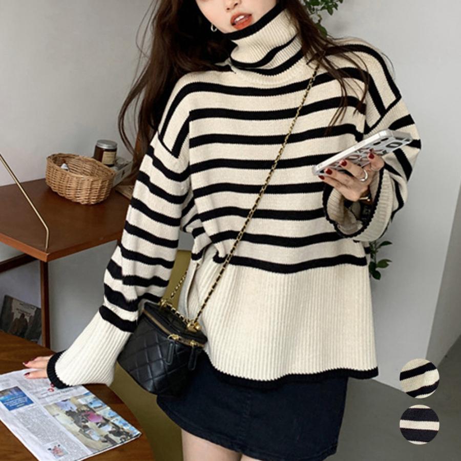 ニット・セーター | タートルネックボーダーニットトップス冬服