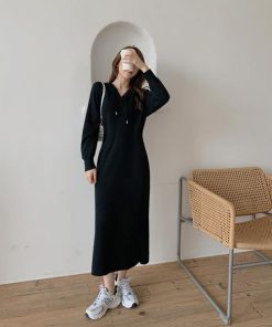 ニットワンピース | ワンピース 秋冬 リブニット ロングワンピース ミモレ丈 無地 フード付き 帽子 ストレッチ 大人 長袖 セーター 50代 20代30代 アウター 大人