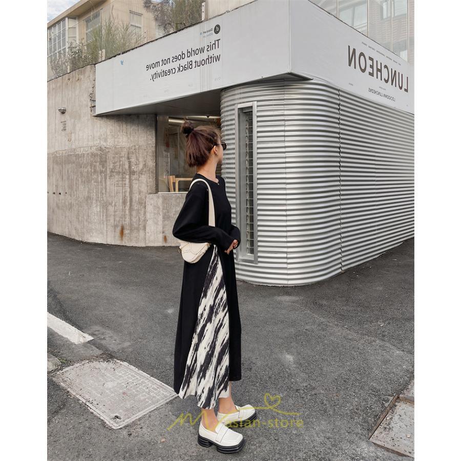 マキシ | ドッキングワンピース 秋 レディース 長袖ワンピース ロングワンピース 切り替えワンピース フェイク レイヤード風 お呼ばれワンピース ゆったり 大きいサイズ