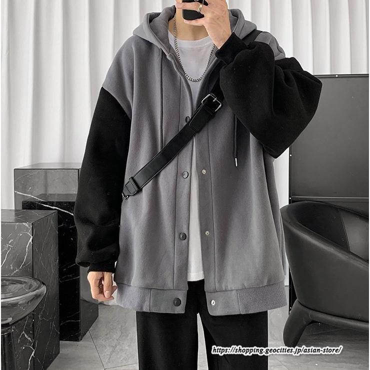 パーカー ジャケット コート | パーカー メンズ カーディガン 長袖 アウター トップス ジャケット 羽織り ボタン ドッキング ポケット フード付き パーカ ボリューム袖 ゆったり 秋物 秋冬