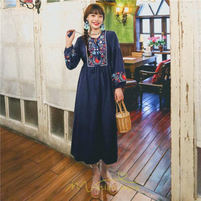 マキシ | ワンピース ロングワンピ パーティー お呼ばれ デート ゆったり 女子会 食事会 白 赤 黄色 青 Aライン 長袖 エスニック風 2022年夏秋新作 刺繍 Vネック 綿麻