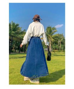 スカート | デニムウエストゴム ロングAライン 無地 ゆったりシルエット 広い裾幅 ハイウエスト Denim 秋冬 秋物 レディース 秋服 デニム