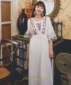 マキシ | ワンピース トップス ロング ロングワンピース 綿麻 夏秋 レディース 大人 おしゃれ シンプル ナチュラル カジュアル 刺繍 花柄 丸首 華やか 上品