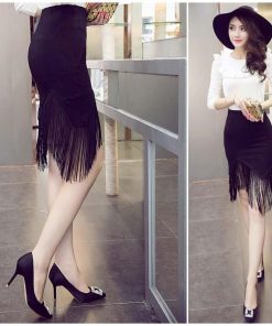 ひざ丈スカート | タイトスカート ミニ 裾 タッセル付きスカート アシンメトリー フリンジ セクシー