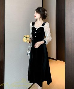 ミディアム | Aラインワンピース 秋コーデ レディース 長袖 切り替え ビロード 膝丈ワンピース 美ライン シルエット 無地 黒ワンピース オフィス フォーマル 大人 お呼ばれ