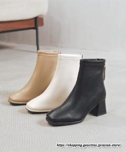 ショートブーツ | レディース 春秋ブーツ スクエアトゥ ブーツ チャンキーヒール 太ヒール 後ろファスナー 靴 通学通勤 シューズ 大人 黒ブーツ ミドルヒール
