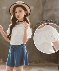 （子供）その他 | 女の子 キッズ ジュニア 上下セット パンツ 半袖 シンプル トップス Tシャツキュロットセット 可愛いスタイル Tシャツ 子供服