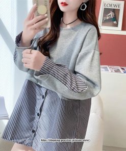 パーカー | 重ね着風トレーナー レディース 長袖 トップス カジュアル スウェット ストライプ柄 ゆったり トレーナー トップス きれいめ レイヤード風 可愛い 切り替え