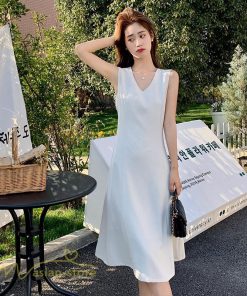 ミディアム | ワンピース レディース ノースリーブ 着痩せ 春 夏 新作 無地 きれいめ サマーワンピース 20代 30代 40代 Vネック エレガント 韓国風 上品 通学 通勤 大人
